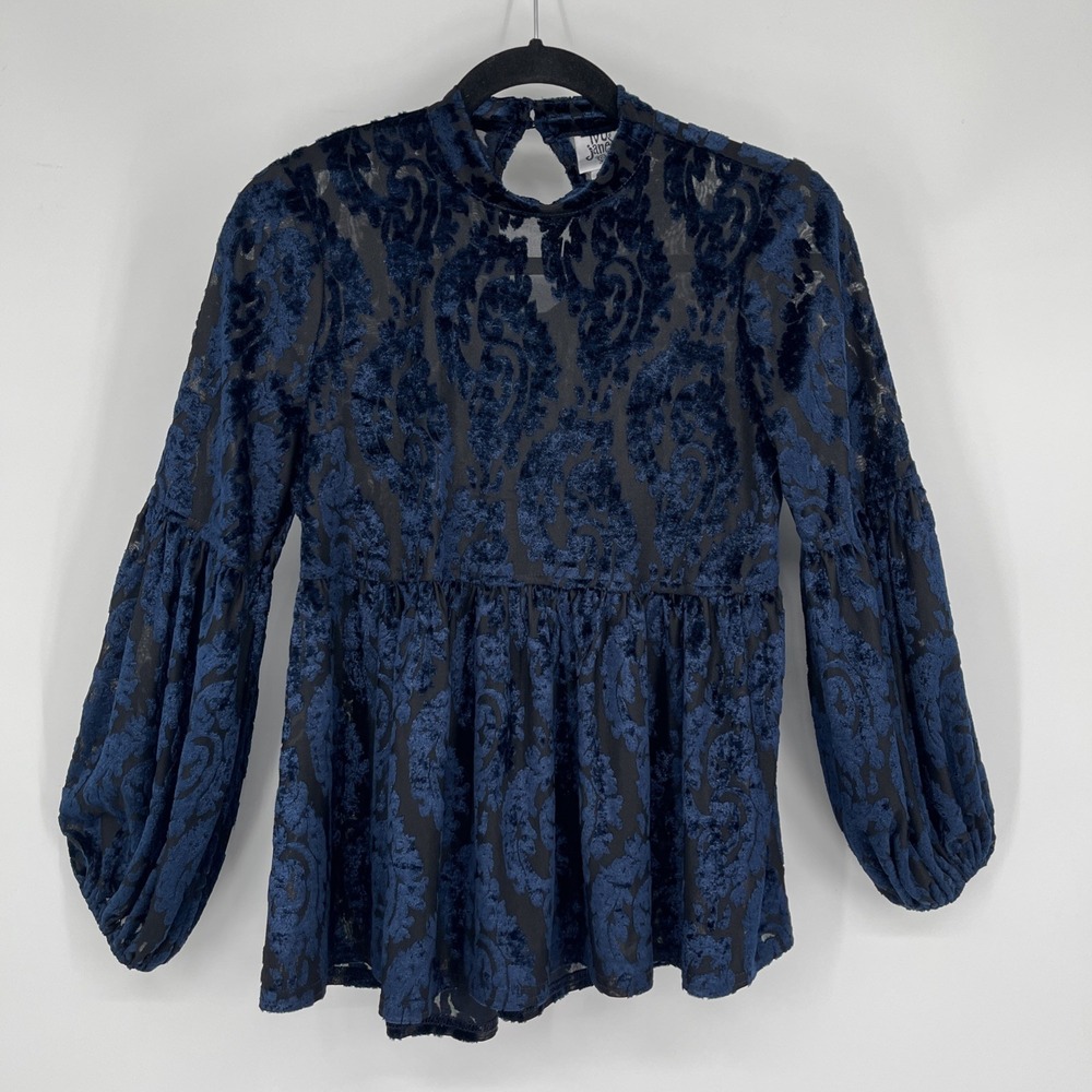 Ivy Jane Whimsigoth Velvet Burnout Blouse Womens XS Navy Sheer Dark Romantic